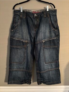 Bauhaus Men's Dark Blue Denim Cargo Jean Capri 3/4 Size 34, 100% Cotton